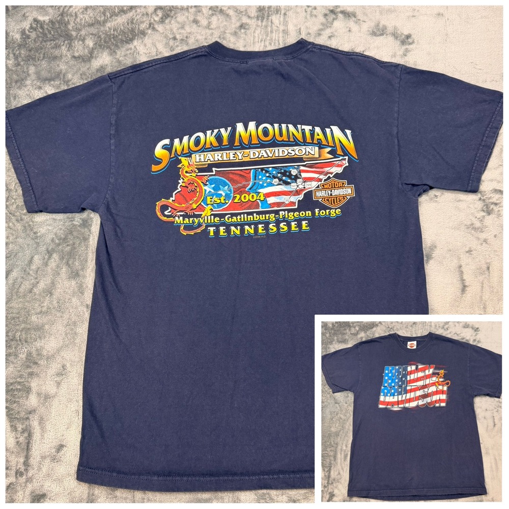 VTG 2006 Harley Davidson Tennessee Dragon USA Flag T‎ Shirt Large Smoky Mountain